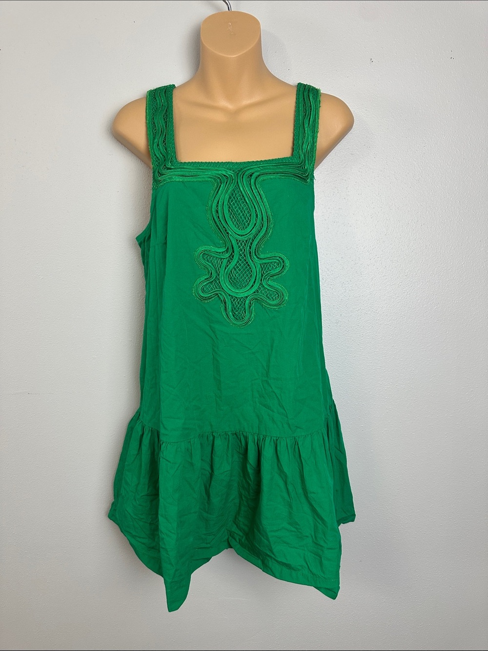 Celandine Cotton Kelly Green Square Neck Braided Drop-Waist Mini Shift Dress